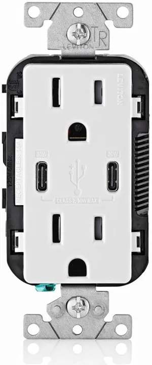 Leviton T5635-W 30W (6A) USB Dual Type-C/C Power Delivery In-Wall Charger with 15A Tamper-Resistant Outlet, USB Charger for Smartphones, Tablets, Laptops, White