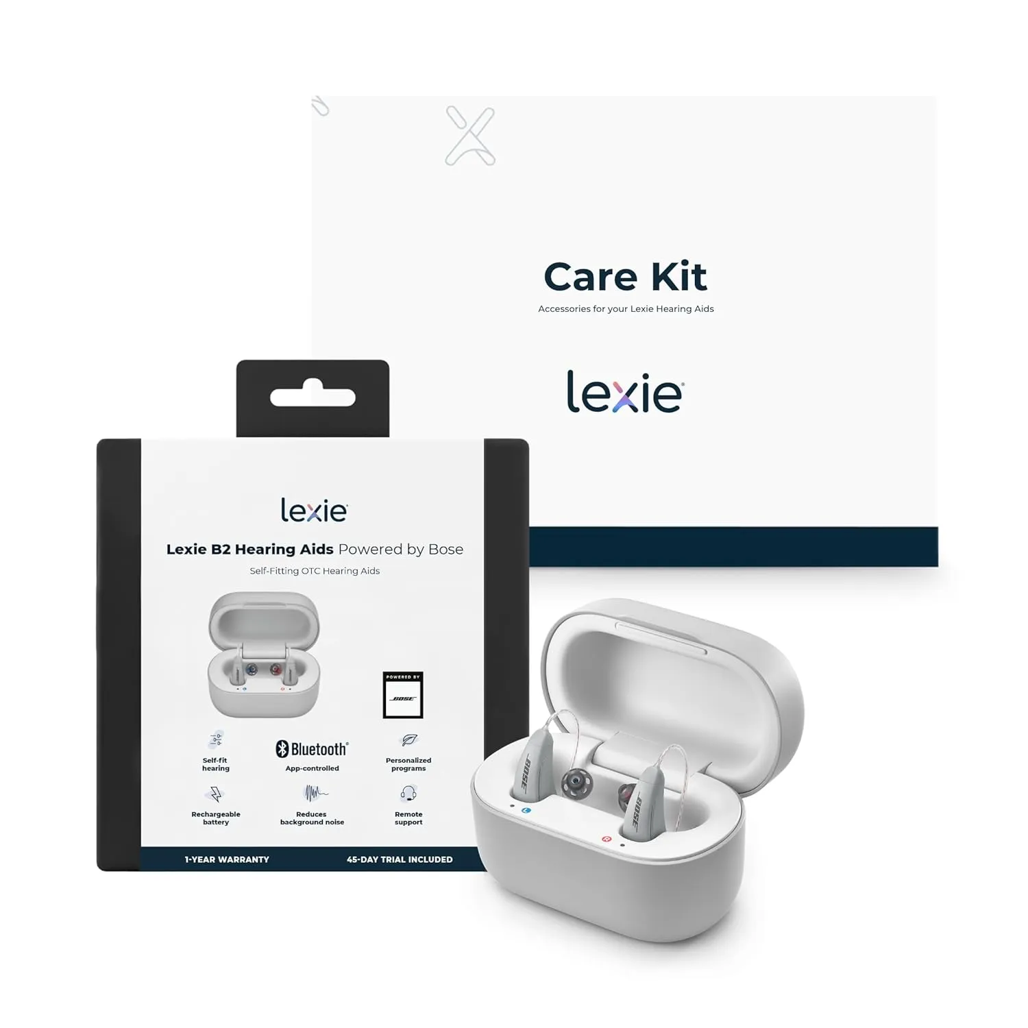 Lexie B2 OTC Hearing Aids Powered by Bose and Clearning Care Kit Bundle - Rechargeable Bluetooth Hearing Aid with App Control and iOS Call Streaming. All Day Comfort-Self-Fit Solution, Noise Reduction, for Mild to Moderate Hearing Loss (Gray)