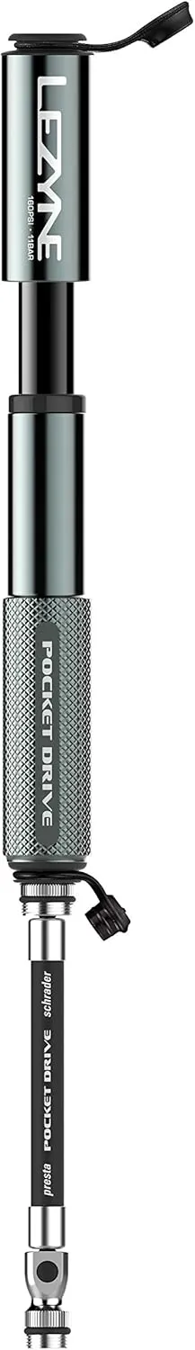 LEZYNE Pocket Drive HP Bicycle Hand Pump, High Pressure 160 PSI, Presta & Schrader Compatible, Durable CNC Aluminum, Compact, ABS Flex Hose, Bike Tire Pump