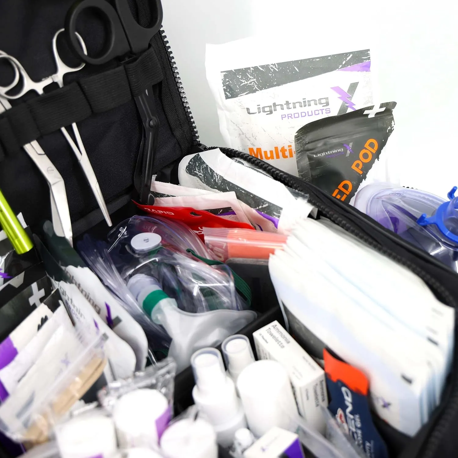 Lightning X Pre-Stocked EMS/EMT Trauma Kit w/Large First Responder Bag & 256 First Aid Medical Supplies - Black