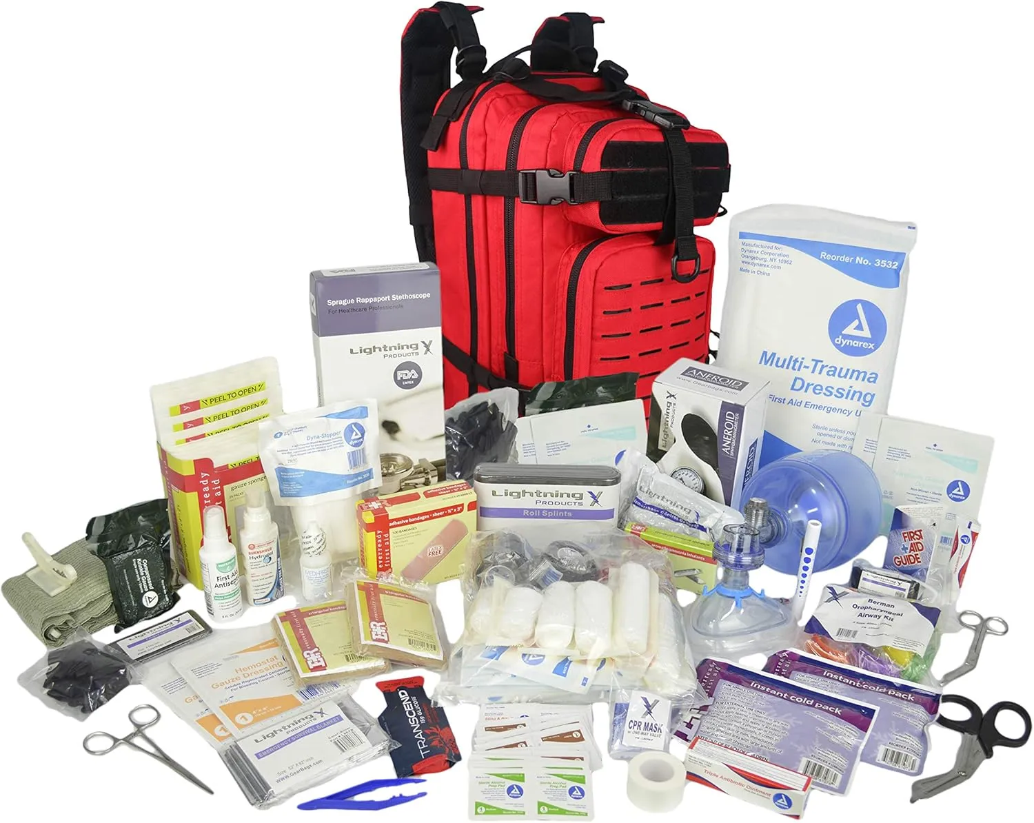Lightning X Stocked EMS/EMT Trauma & Bleeding First Aid Responder Medical Backpack   Kit (Red)