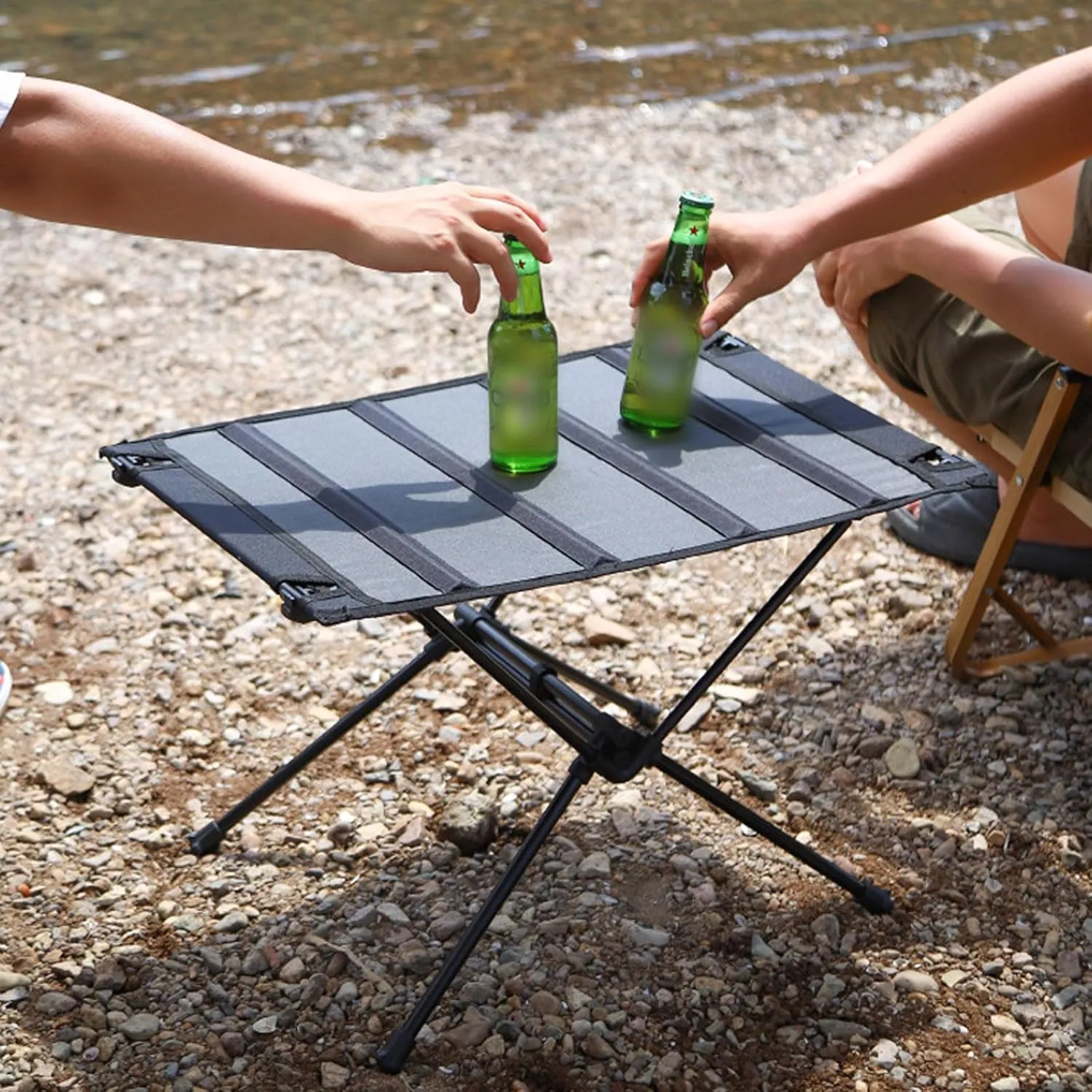 Lightweight Folding Table and Chairs Set of 3, Portable Camping Table Outdoor Beach Chair Set with Carry Bag, Easy to Carry, for Picnic Cooking Hiking Fishing, Black-Black-5PCS, Khaki