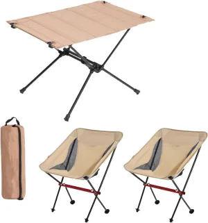 Lightweight Folding Table and Chairs Set of 3, Portable Camping Table Outdoor Beach Chair Set with Carry Bag, Easy to Carry, for Picnic Cooking Hiking Fishing, Black-Black-5PCS, Khaki
