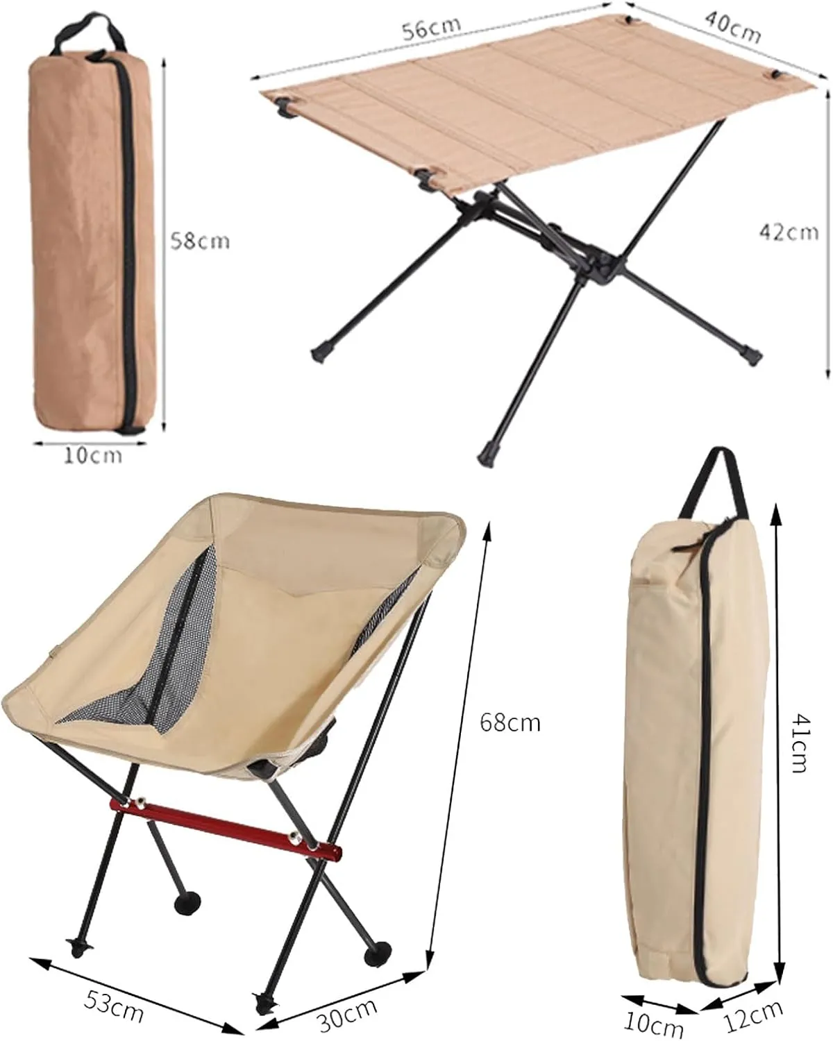 Lightweight Folding Table and Chairs Set of 3, Portable Camping Table Outdoor Beach Chair Set with Carry Bag, Easy to Carry, for Picnic Cooking Hiking Fishing, Black-Black-5PCS, Khaki
