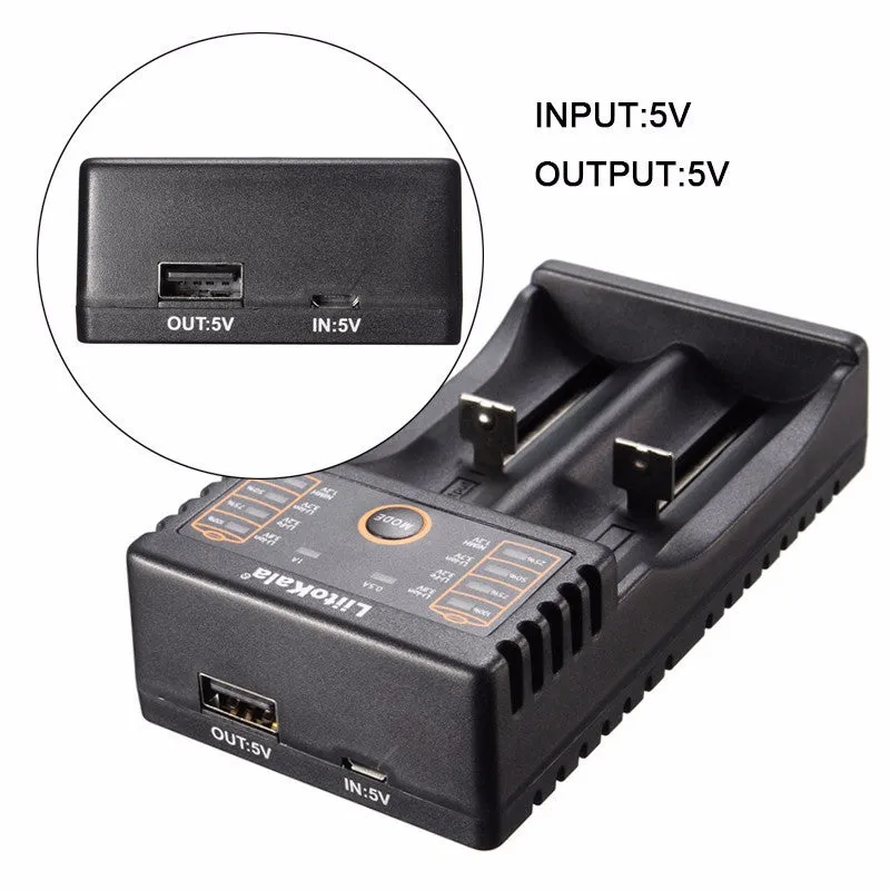 Liitokala Lii-202 Double slot smart battery charger for NiCd, NiMH, Li-Ion, LiFePO4, USB Power bank function.