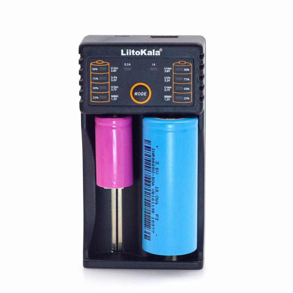 Liitokala Lii-202 Double slot smart battery charger for NiCd, NiMH, Li-Ion, LiFePO4, USB Power bank function.
