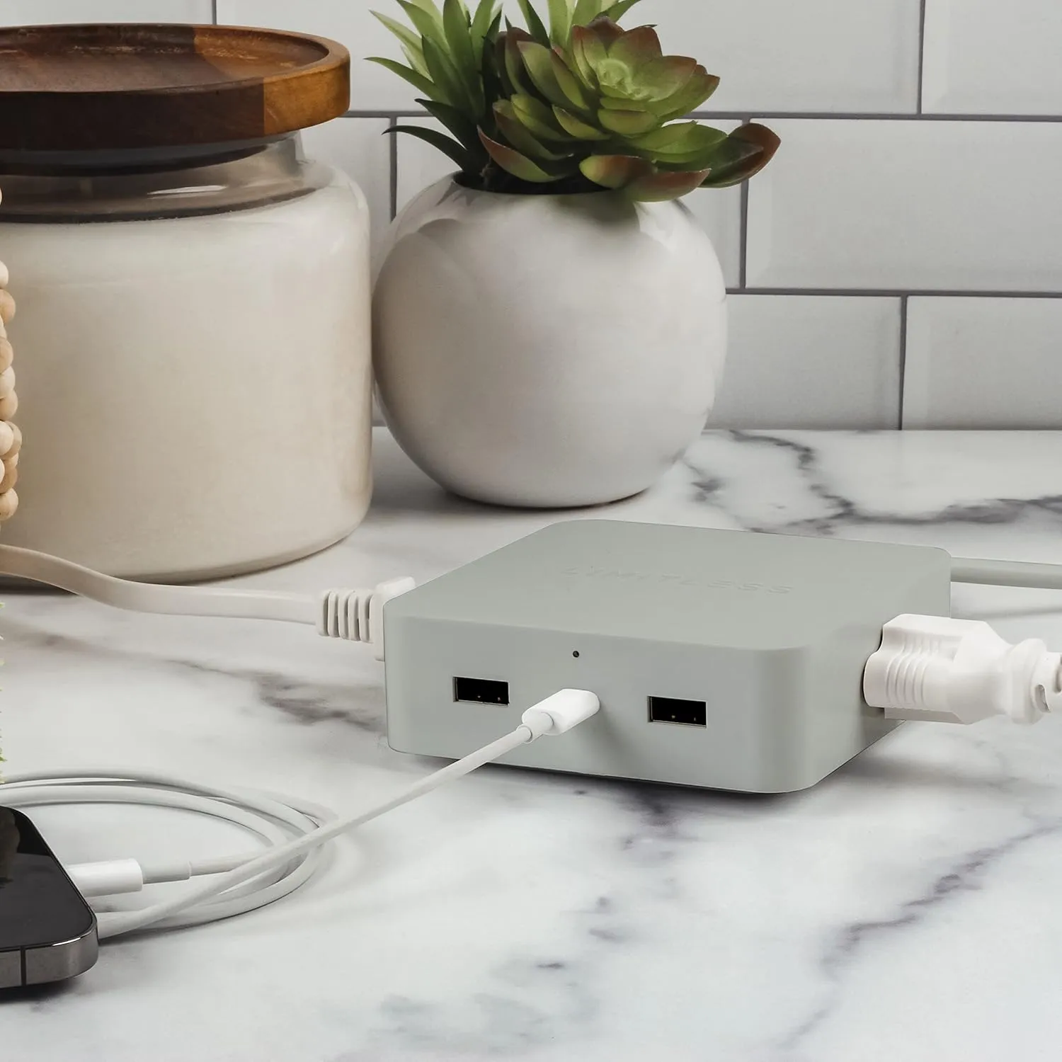 Limitless PowerPro 5-Device Charger with 2X USB Ports, 1x Type-C 20W Power Delivery Port, 2X AC Outlets, and 1,280 Joules of Surge Protection (Grey)