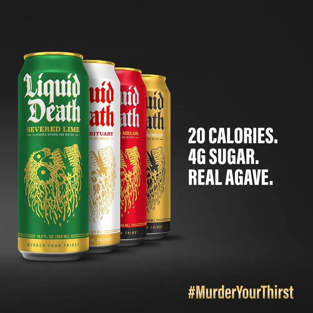 Liquid Death Soda-Flavored Sparkling Water Variety 12-Pack (19.2oz Cans) (Severed Lime, Mango Chainsaw, Convicted Melon, Cherry Obituary)