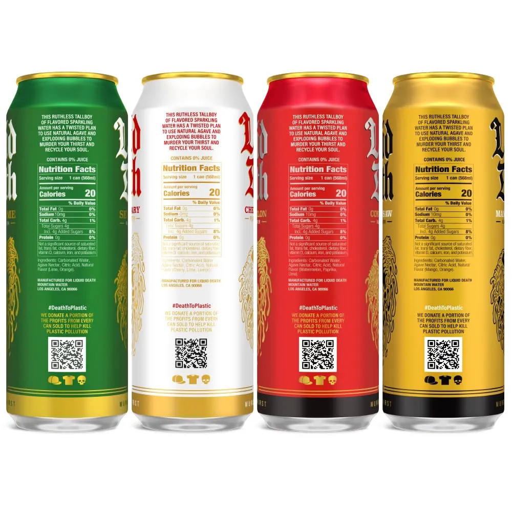 Liquid Death Soda-Flavored Sparkling Water Variety 12-Pack (19.2oz Cans) (Severed Lime, Mango Chainsaw, Convicted Melon, Cherry Obituary)