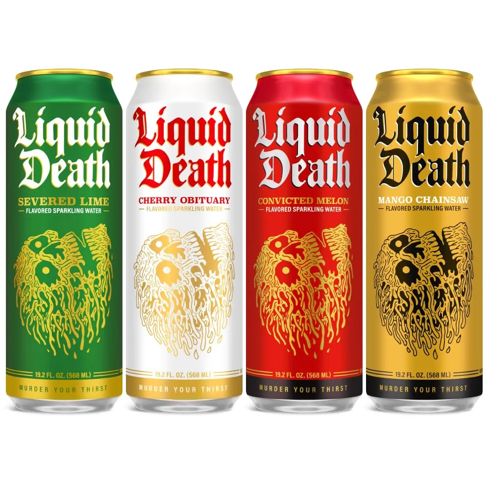 Liquid Death Soda-Flavored Sparkling Water Variety 12-Pack (19.2oz Cans) (Severed Lime, Mango Chainsaw, Convicted Melon, Cherry Obituary)