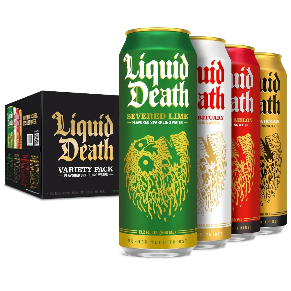 Liquid Death Soda-Flavored Sparkling Water Variety 12-Pack (19.2oz Cans) (Severed Lime, Mango Chainsaw, Convicted Melon, Cherry Obituary)
