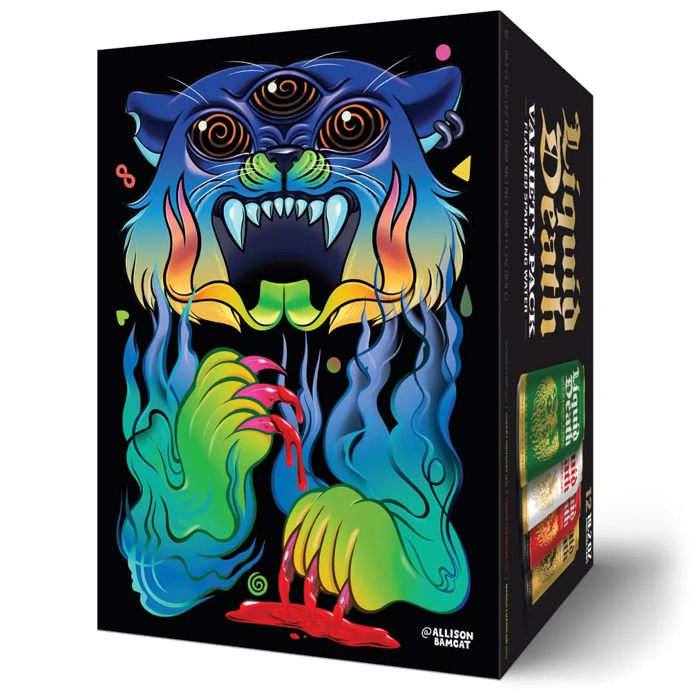 Liquid Death Soda-Flavored Sparkling Water Variety 12-Pack (19.2oz Cans) (Severed Lime, Mango Chainsaw, Convicted Melon, Cherry Obituary)