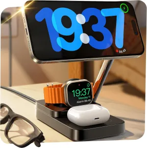 Lisen 3 in 1 Nightstand with Charging Station for Multiple Devices Apple Magsafe Charger,15W Travel Charger for iPhone and Apple Watch,Magnetic Wireless Charger for iphone 16 15 Pro Max iWacth AirPods