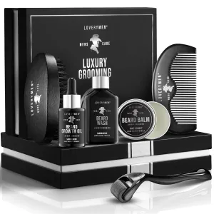 LOVERY Fathers Day Gifts for Dad - Beard Grooming Kit - Includes Beard Oil, Beard Balm, Beard Wash, Comb, Brush & more– Mens Gifts for Him, Boyfriend, Husband, Dad - Sandalwood Beard Kit