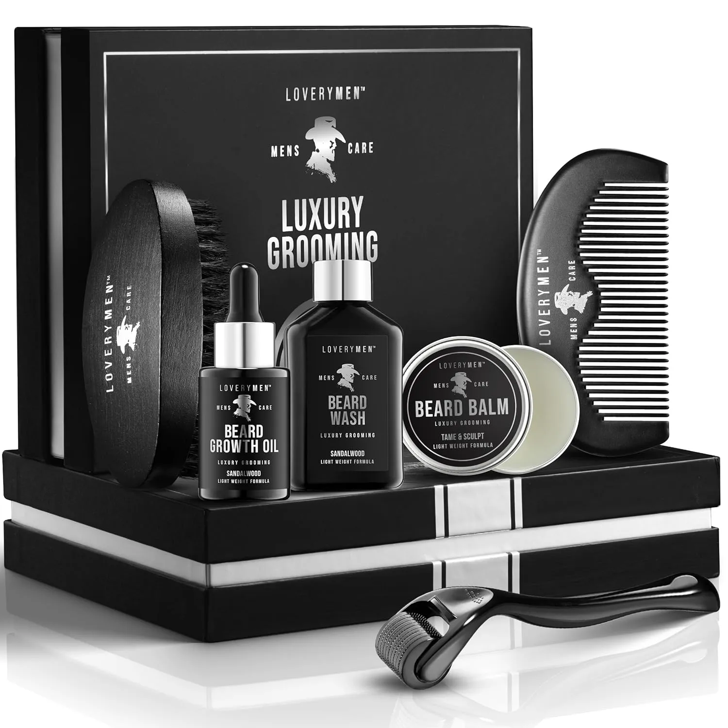 LOVERY Fathers Day Gifts for Dad - Beard Grooming Kit - Includes Beard Oil, Beard Balm, Beard Wash, Comb, Brush & more– Mens Gifts for Him, Boyfriend, Husband, Dad - Sandalwood Beard Kit
