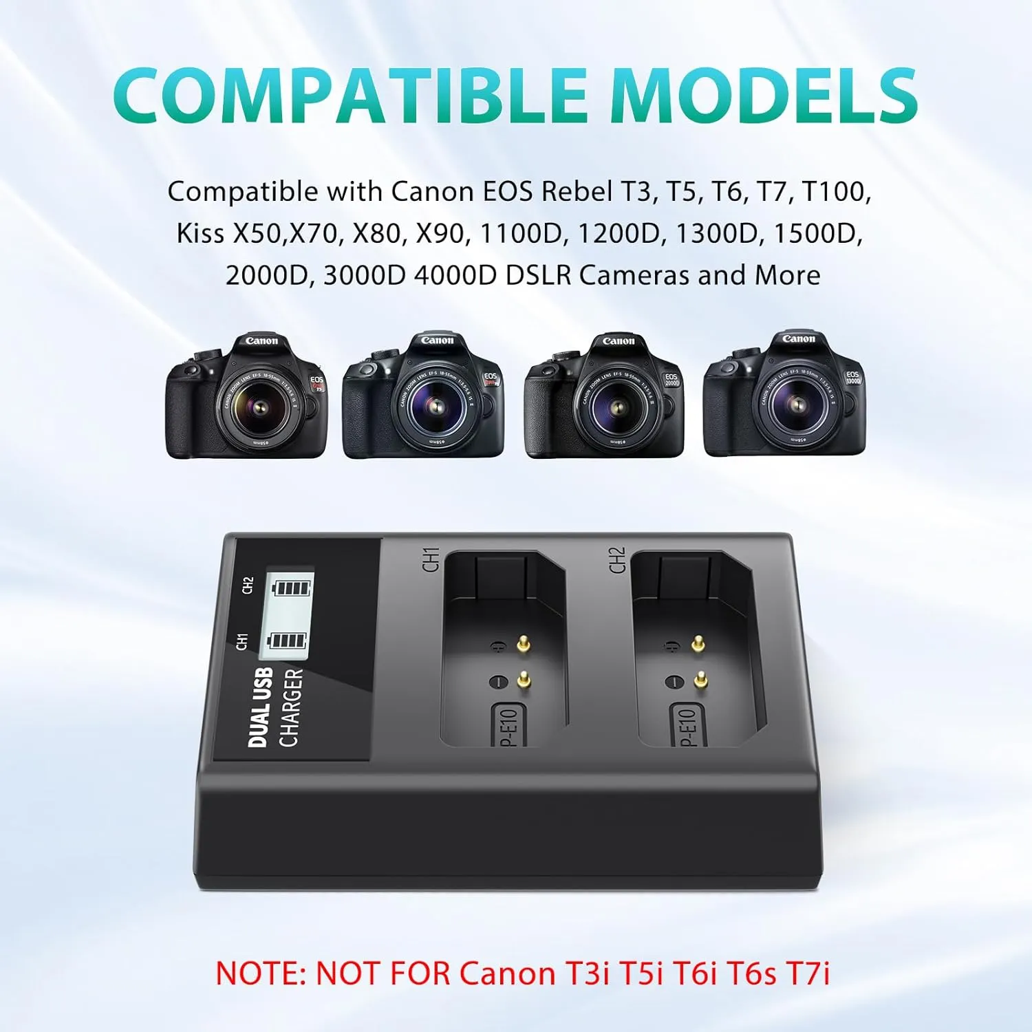 LP LP-E10 Battery Charger, LCD Dual Charger Compatible with Canon EOS Rebel T7, T6, T5, T3, T100, 4000D, 3000D, 2000D, 1500D, 1300D, 1200D, 1100D, Kiss X50, X70, X80, X90(NOT for T3i T5i T6i T6s T7i)