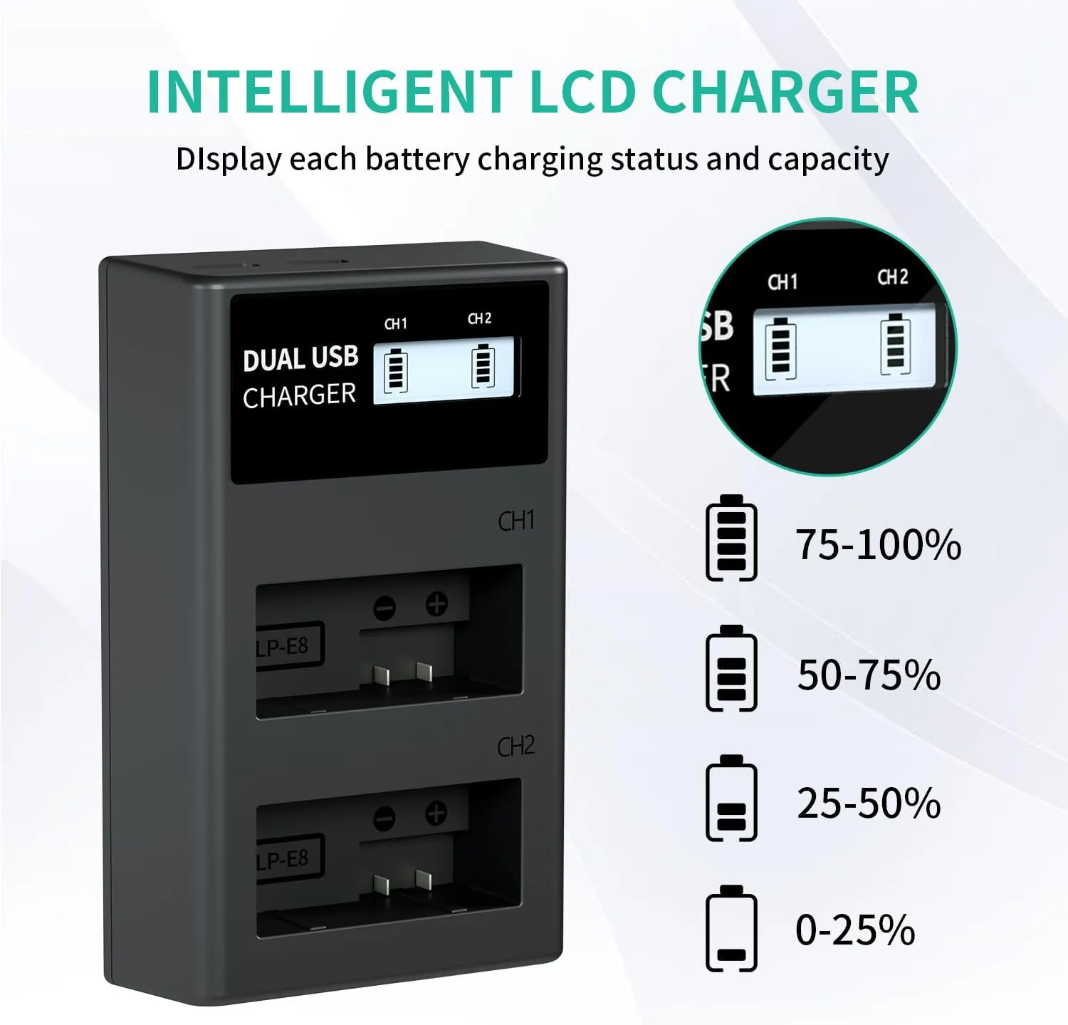 LP LP-E8 Battery Charger, LCD Display & Dual Slot Charger Compatible with Canon Rebel T2i T3i T4i T5i 600D 550D 650D 700D Kiss X4 X5 Kiss X6i X7i Digital Camera & More (Not for T2 T3 T4 T5)
