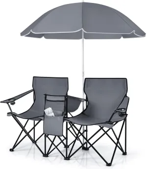 LUARANE Folding Double Camping Chair, Outdoor Picnic Chairs w/Removable Umbrella, Mini Table, Cup Holder & Carrying Bag, Portable Camping Loveseat for Patio, Pool, Lawn, Beach, Park (Grey)