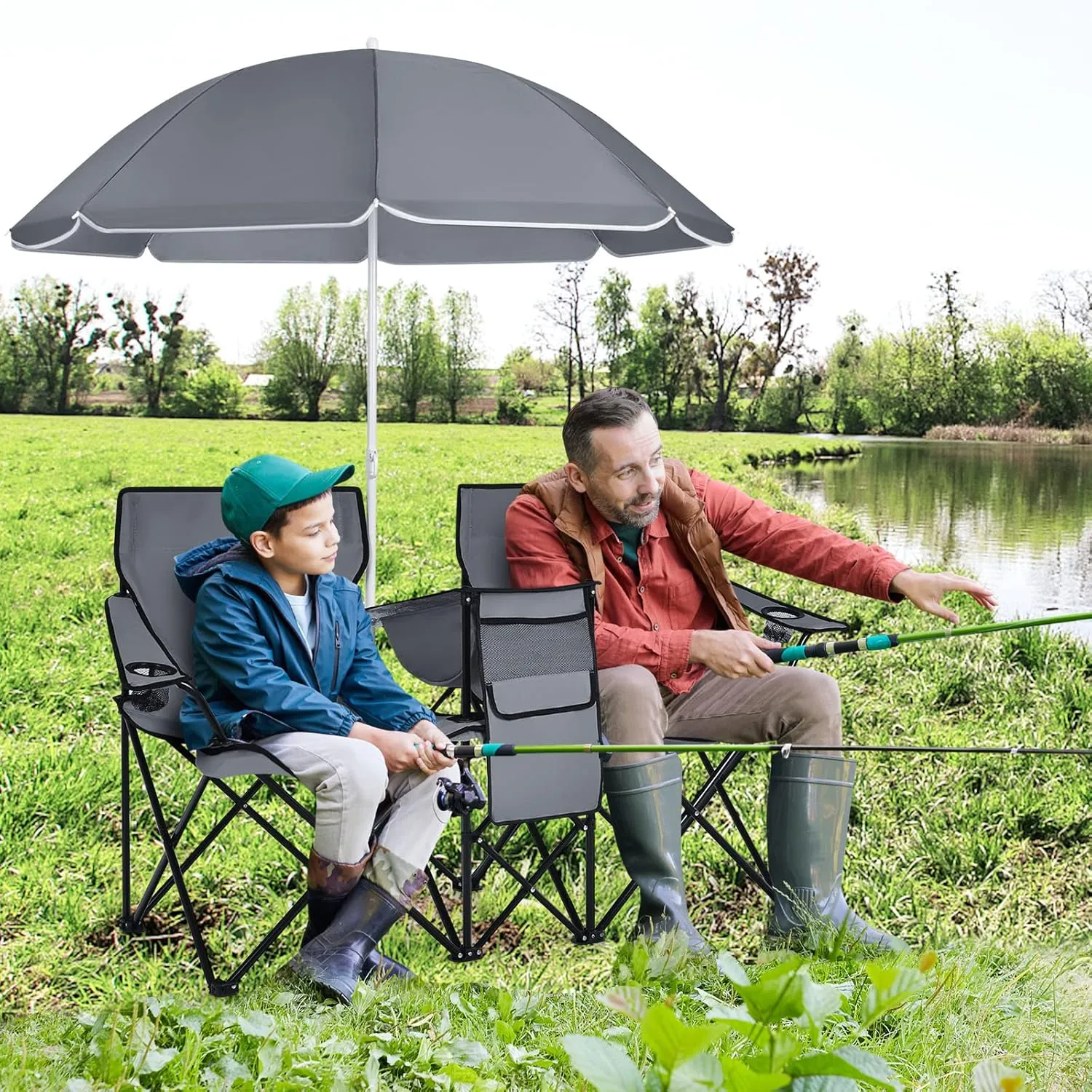 LUARANE Folding Double Camping Chair, Outdoor Picnic Chairs w/Removable Umbrella, Mini Table, Cup Holder & Carrying Bag, Portable Camping Loveseat for Patio, Pool, Lawn, Beach, Park (Grey)