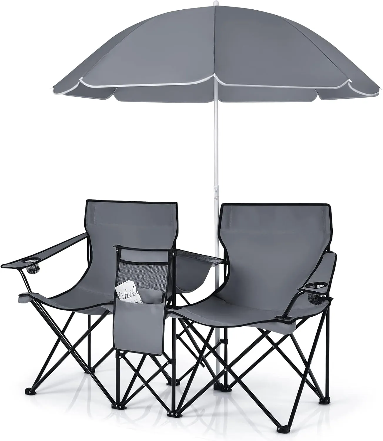LUARANE Folding Double Camping Chair, Outdoor Picnic Chairs w/Removable Umbrella, Mini Table, Cup Holder & Carrying Bag, Portable Camping Loveseat for Patio, Pool, Lawn, Beach, Park (Grey)
