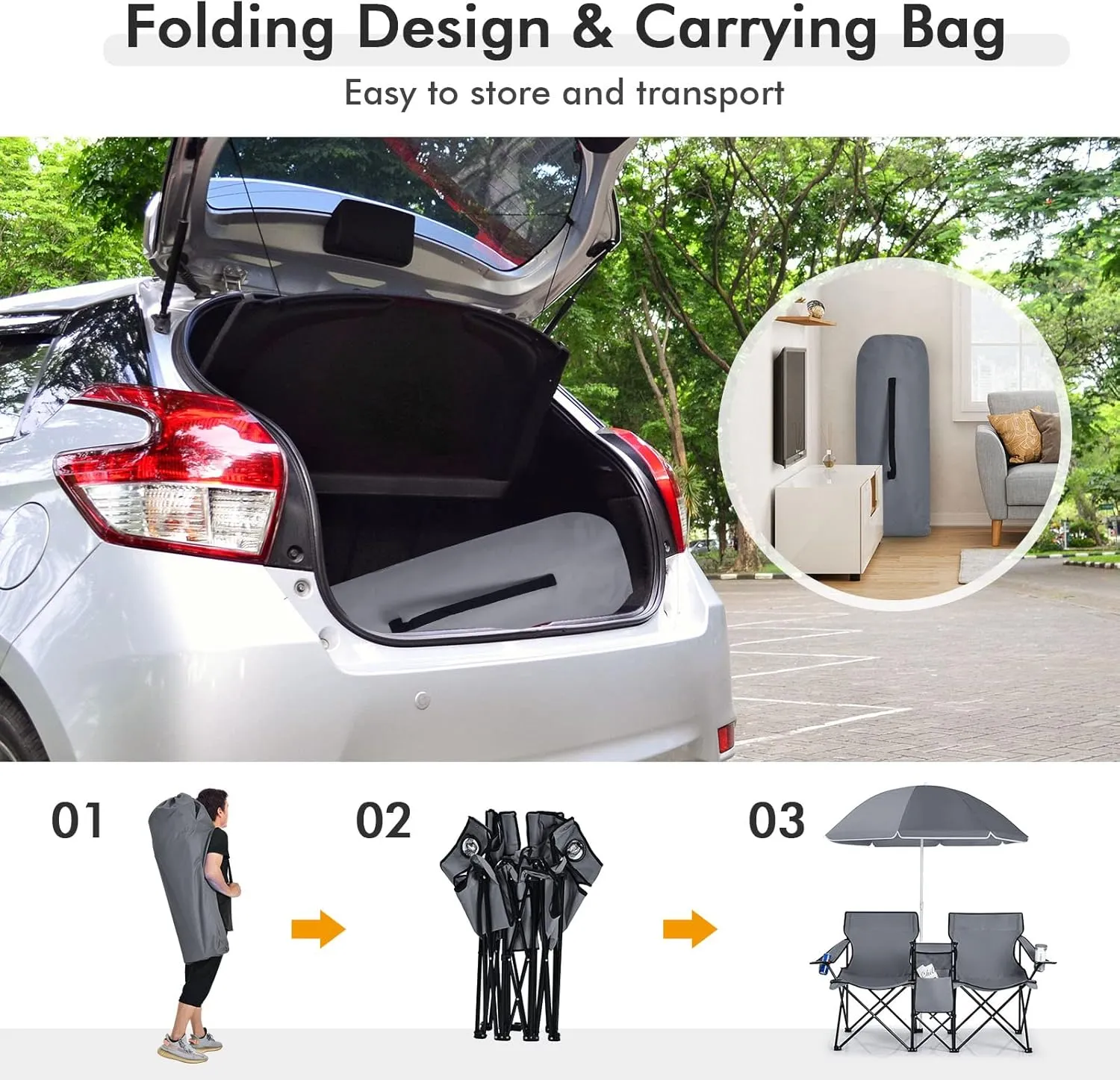 LUARANE Folding Double Camping Chair, Outdoor Picnic Chairs w/Removable Umbrella, Mini Table, Cup Holder & Carrying Bag, Portable Camping Loveseat for Patio, Pool, Lawn, Beach, Park (Grey)