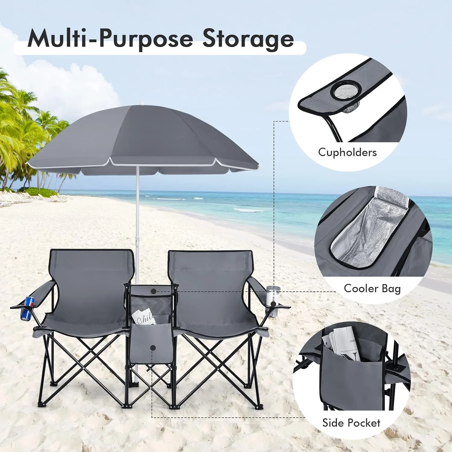 LUARANE Folding Double Camping Chair, Outdoor Picnic Chairs w/Removable Umbrella, Mini Table, Cup Holder & Carrying Bag, Portable Camping Loveseat for Patio, Pool, Lawn, Beach, Park (Grey)