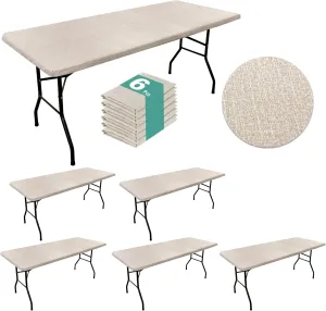 LUSHVIDA 6 Packs Vinyl Tablecloths with Flannel Backing 96x30 inch - Waterproof Plastic Table Covers for 8 Foot Rectangle Folding Table Cloths with Elastic Edges, Faux Linen