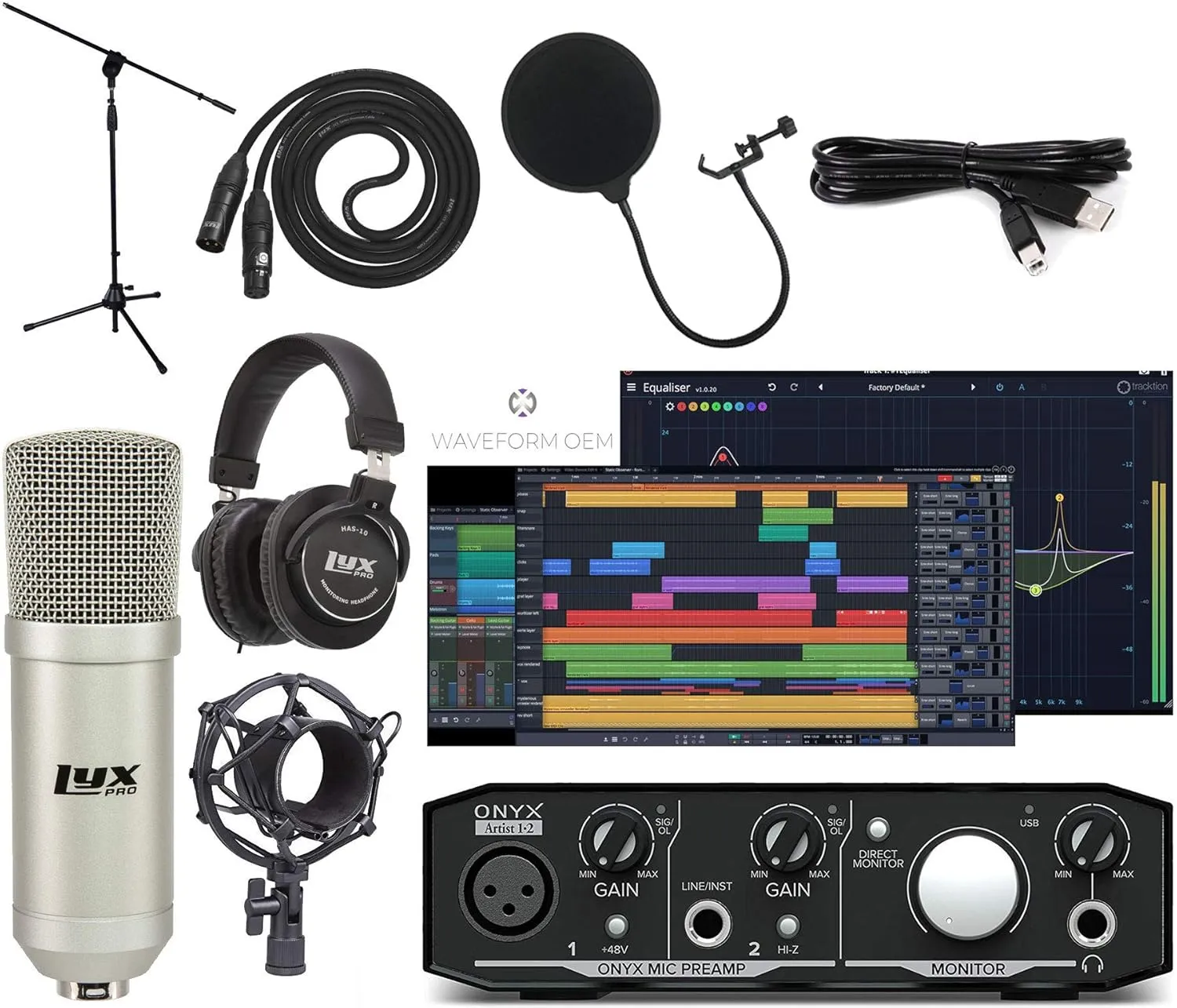 Mackie Onyx Artist 2-2 Audio/Midi interface With Pro Tools First/Tracktion Music Production Software Studio Bundle with Professional Recording Condenser Microphone