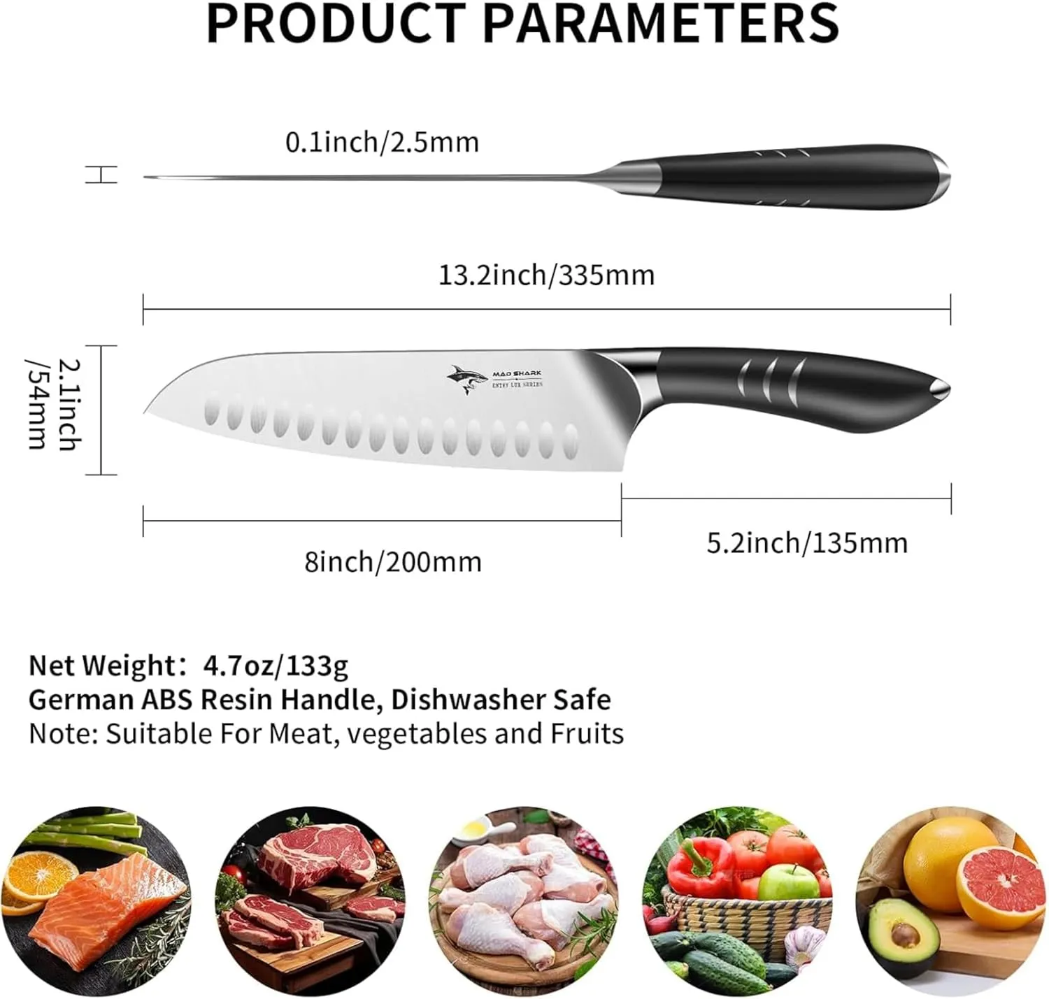 MAD SHARK 8 Inch Santoku Knife - Ultra Sharp Japanese Kitchen Knife, High Carbon German Steel, Ergonomic Handle - Ideal for Slicing, Dicing & Chopping - Unique Gift for Chefs, Men & Women (Black)