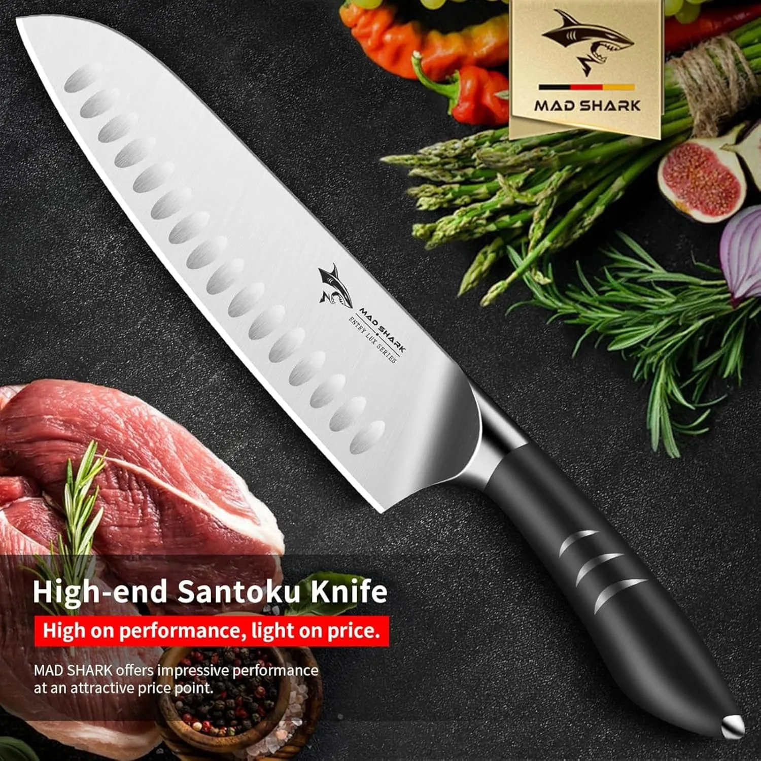 MAD SHARK 8 Inch Santoku Knife - Ultra Sharp Japanese Kitchen Knife, High Carbon German Steel, Ergonomic Handle - Ideal for Slicing, Dicing & Chopping - Unique Gift for Chefs, Men & Women (Black)