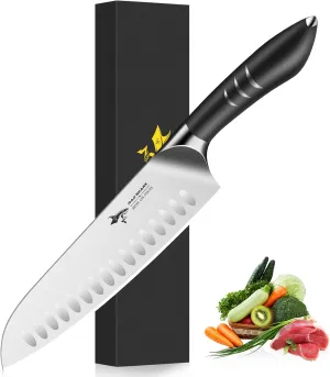 MAD SHARK 8 Inch Santoku Knife - Ultra Sharp Japanese Kitchen Knife, High Carbon German Steel, Ergonomic Handle - Ideal for Slicing, Dicing & Chopping - Unique Gift for Chefs, Men & Women (Black)