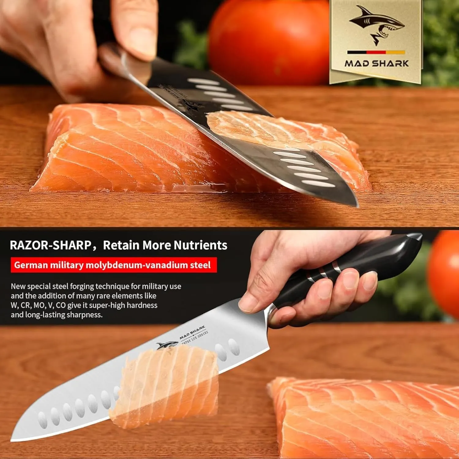 MAD SHARK 8 Inch Santoku Knife - Ultra Sharp Japanese Kitchen Knife, High Carbon German Steel, Ergonomic Handle - Ideal for Slicing, Dicing & Chopping - Unique Gift for Chefs, Men & Women (Black)