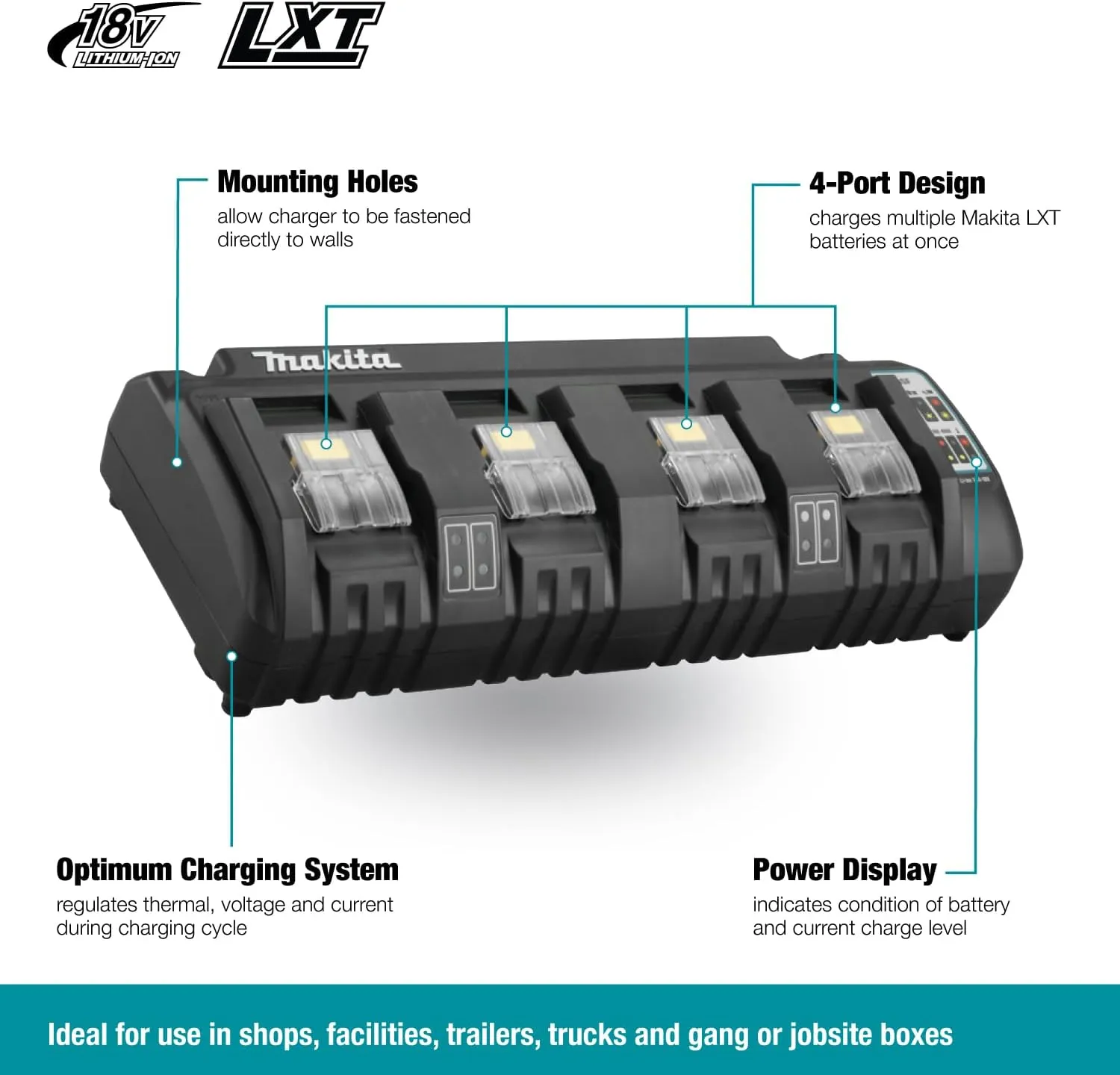 Makita DC18SF 18V Lithium-Ion Rapid Optimum 4-Port Charger, 1-Pack,Black