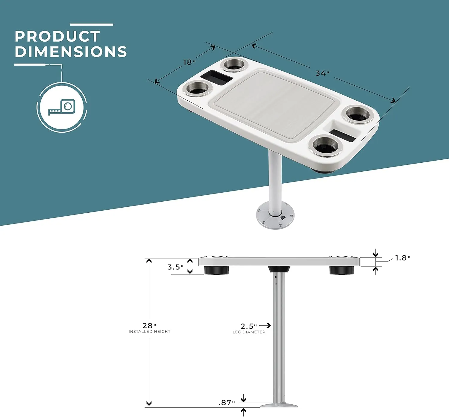 Manufacturers' Select ITC Boat Table Set - 18"x34" Removable Pontoon Boat Table with Center Non-Slip Mat, Pedestal Leg, 4 Drink Holders, & 2 Phone Stands (Glossy White, Silver Leg, Titanium Grey Mat)