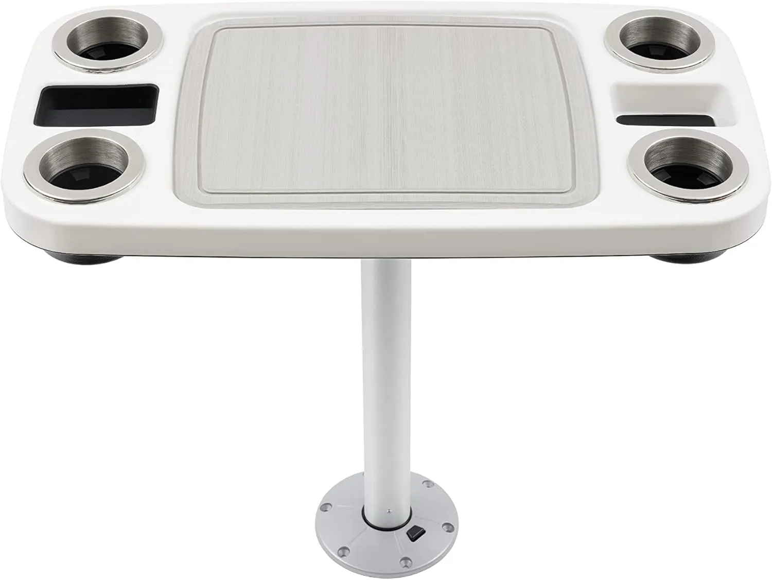 Manufacturers' Select ITC Boat Table Set - 18"x34" Removable Pontoon Boat Table with Center Non-Slip Mat, Pedestal Leg, 4 Drink Holders, & 2 Phone Stands (Glossy White, Silver Leg, Titanium Grey Mat)