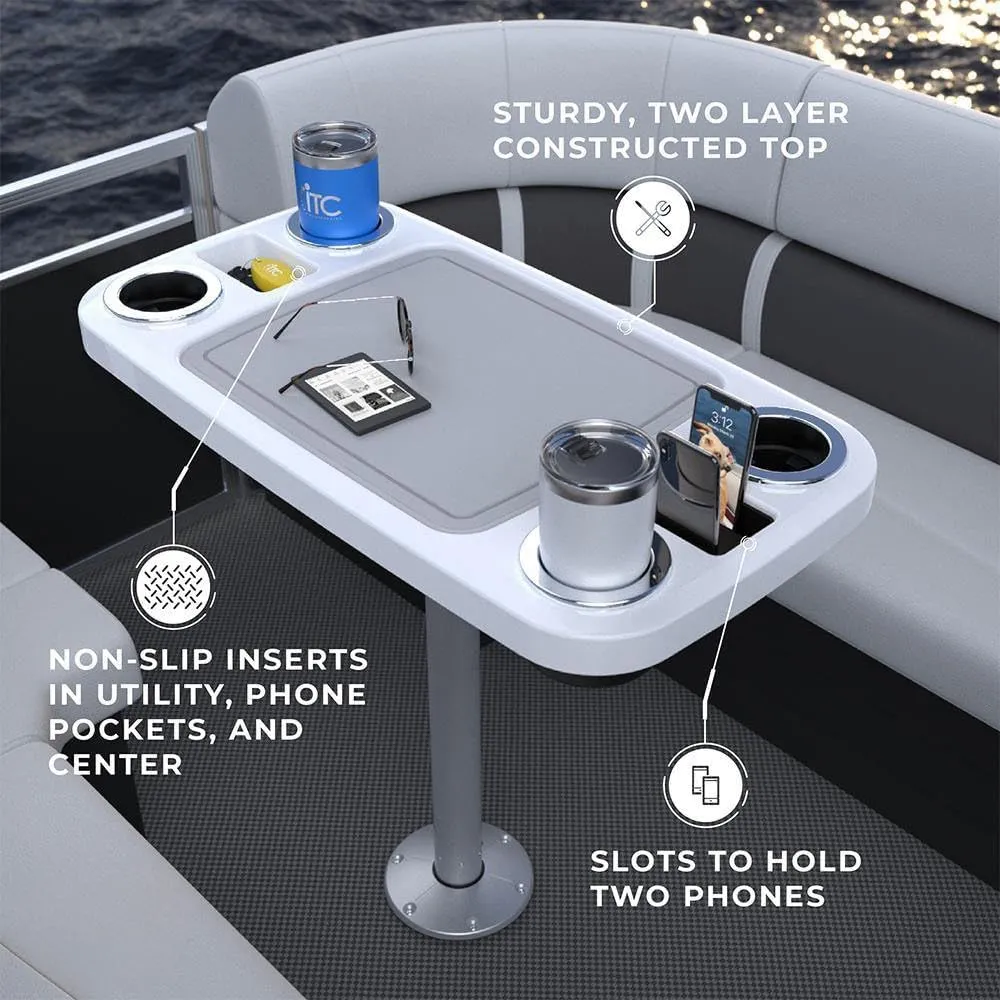 Manufacturers' Select ITC Boat Table Set - 18"x34" Removable Pontoon Boat Table with Center Non-Slip Mat, Pedestal Leg, 4 Drink Holders, & 2 Phone Stands (Glossy White, Silver Leg, Titanium Grey Mat)