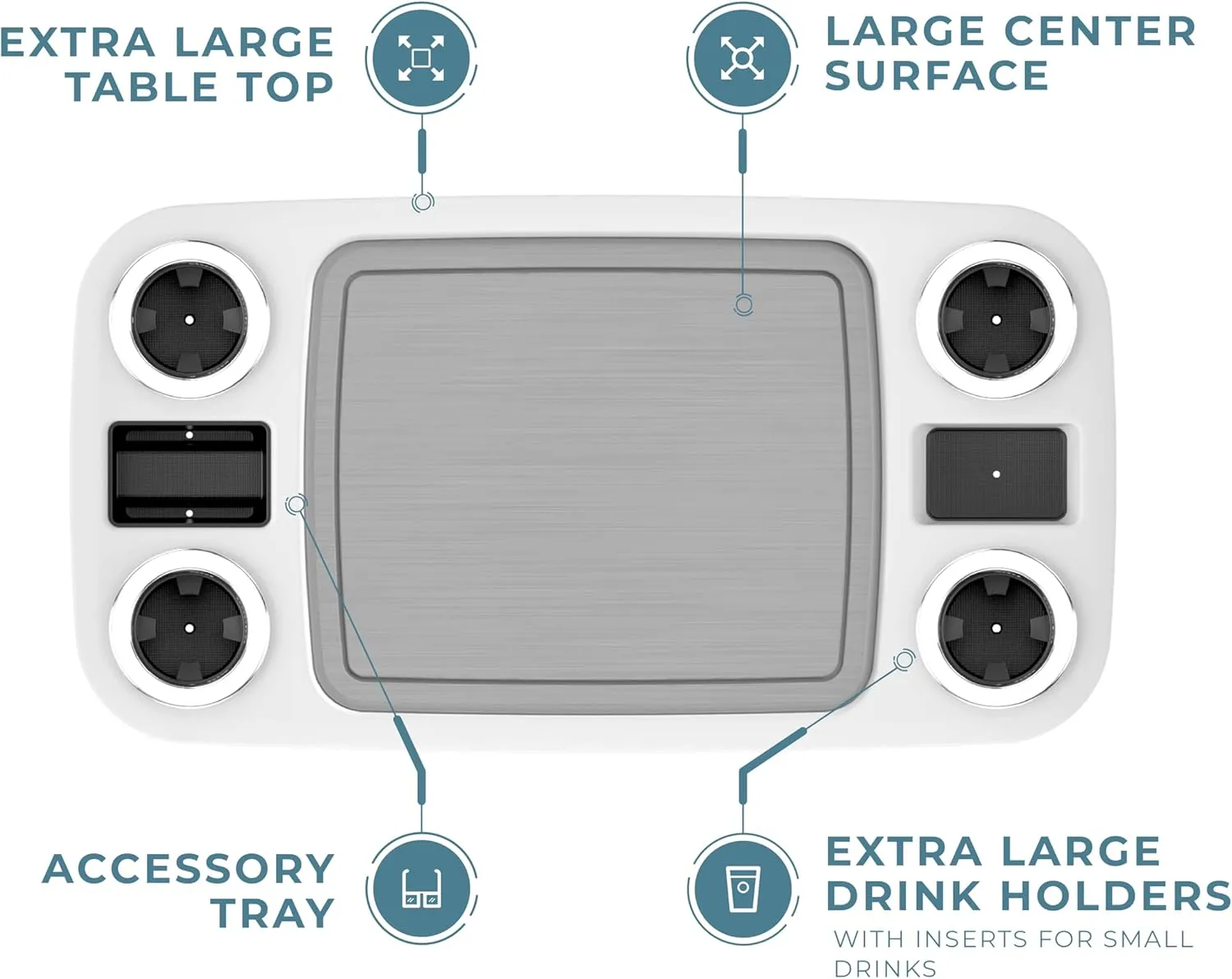Manufacturers' Select ITC Boat Table Set - 18"x34" Removable Pontoon Boat Table with Center Non-Slip Mat, Pedestal Leg, 4 Drink Holders, & 2 Phone Stands (Glossy White, Silver Leg, Titanium Grey Mat)
