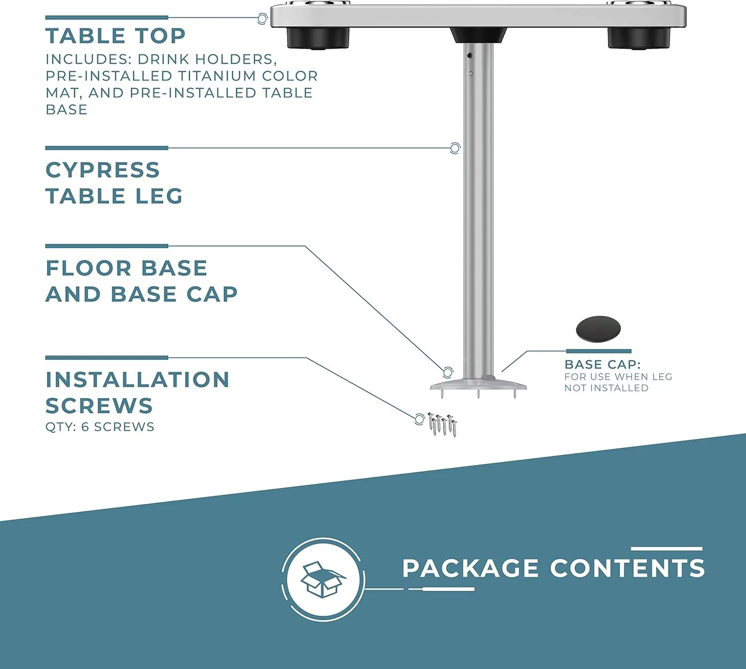 Manufacturers' Select ITC Boat Table Set - 18"x34" Removable Pontoon Boat Table with Center Non-Slip Mat, Pedestal Leg, 4 Drink Holders, & 2 Phone Stands (Glossy White, Silver Leg, Titanium Grey Mat)