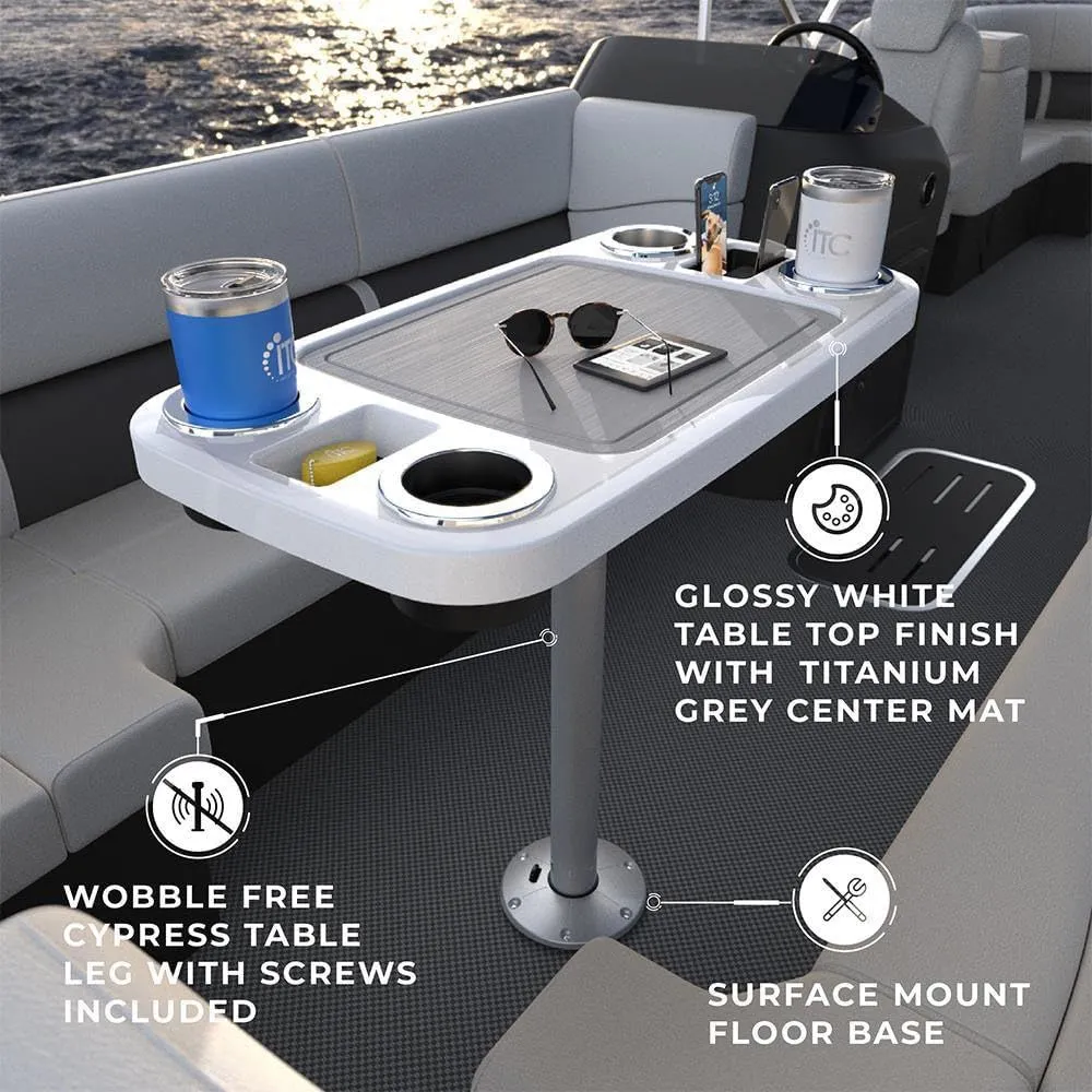 Manufacturers' Select ITC Boat Table Set - 18"x34" Removable Pontoon Boat Table with Center Non-Slip Mat, Pedestal Leg, 4 Drink Holders, & 2 Phone Stands (Glossy White, Silver Leg, Titanium Grey Mat)