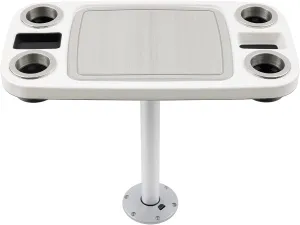 Manufacturers' Select ITC Boat Table Set - 18"x34" Removable Pontoon Boat Table with Center Non-Slip Mat, Pedestal Leg, 4 Drink Holders, & 2 Phone Stands (Glossy White, Silver Leg, Titanium Grey Mat)