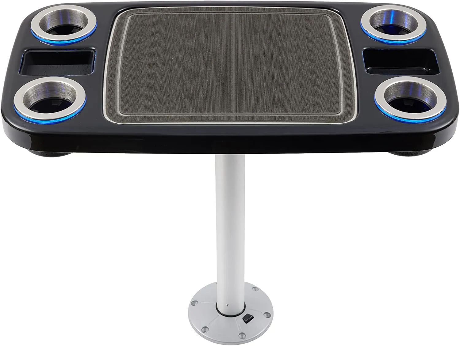 Manufacturers' Select ITC LED Lit Boat Table Set - 18"x34" Removable Pontoon Boat Table w/Center Non-Slip Mat, Pedestal Leg, 4 LED Drink Holders, 2 Phone Stands (Glossy Black with Charcoal Mat)