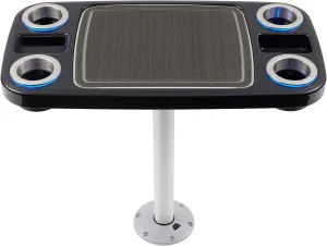 Manufacturers' Select ITC LED Lit Boat Table Set - 18"x34" Removable Pontoon Boat Table w/Center Non-Slip Mat, Pedestal Leg, 4 LED Drink Holders, 2 Phone Stands (Glossy Black with Charcoal Mat)
