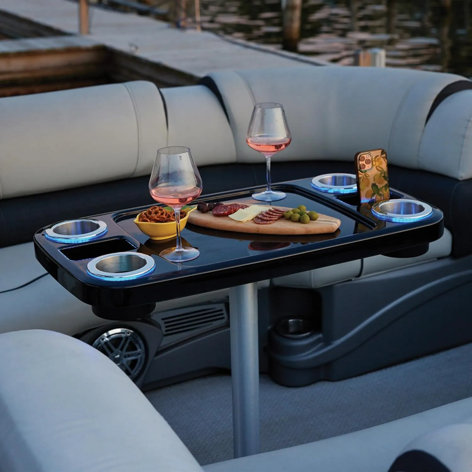 Manufacturers' Select ITC LED Lit Boat Table Set - 18"x34" Removable Pontoon Boat Table w/Center Non-Slip Mat, Pedestal Leg, 4 LED Drink Holders, 2 Phone Stands (Glossy Black with Charcoal Mat)