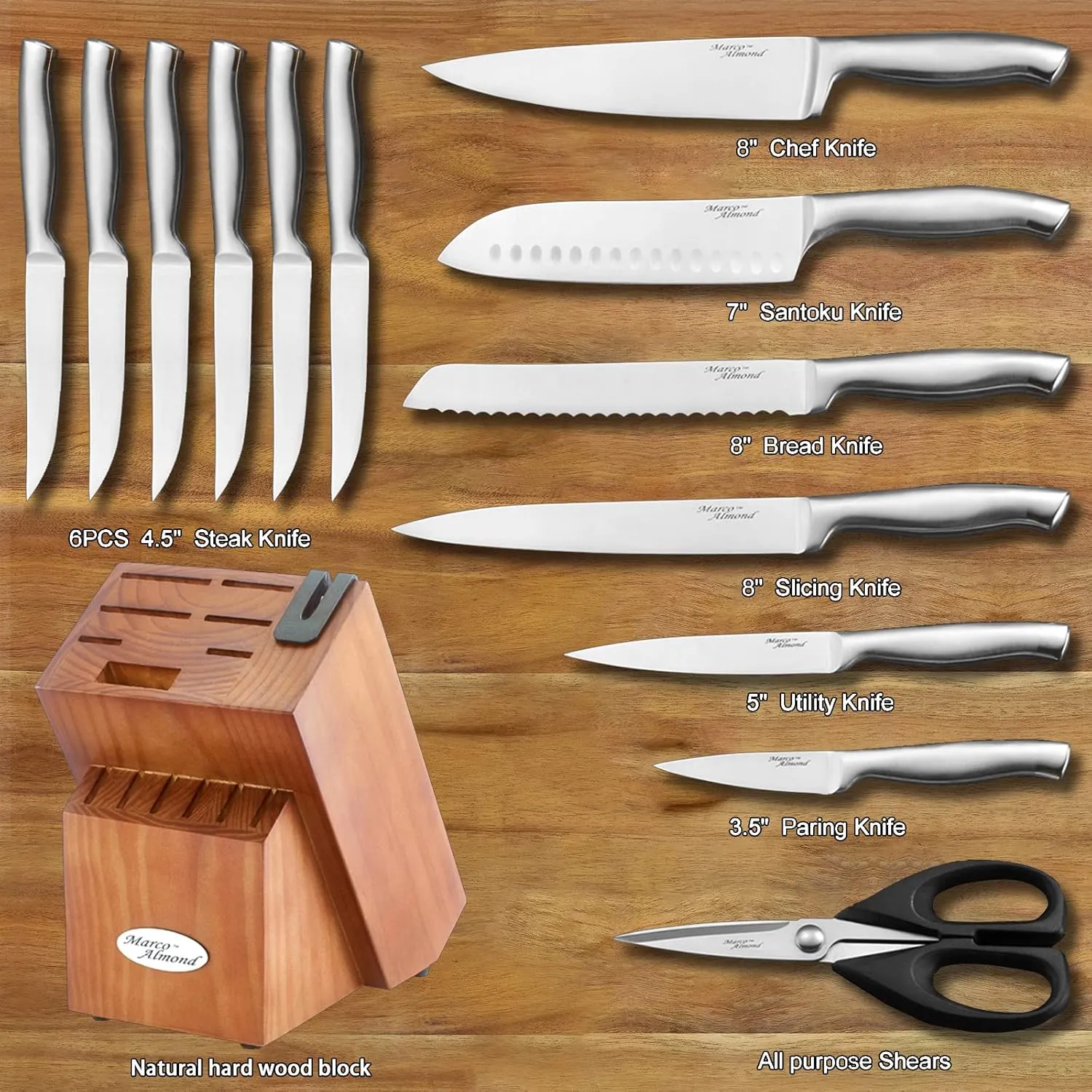 Marco Almond® Knife Block Set, KYA26 Knife Set with Block, 14 Pieces Stainless Steel Chef Kitchen Knives with Built-in Sharpener