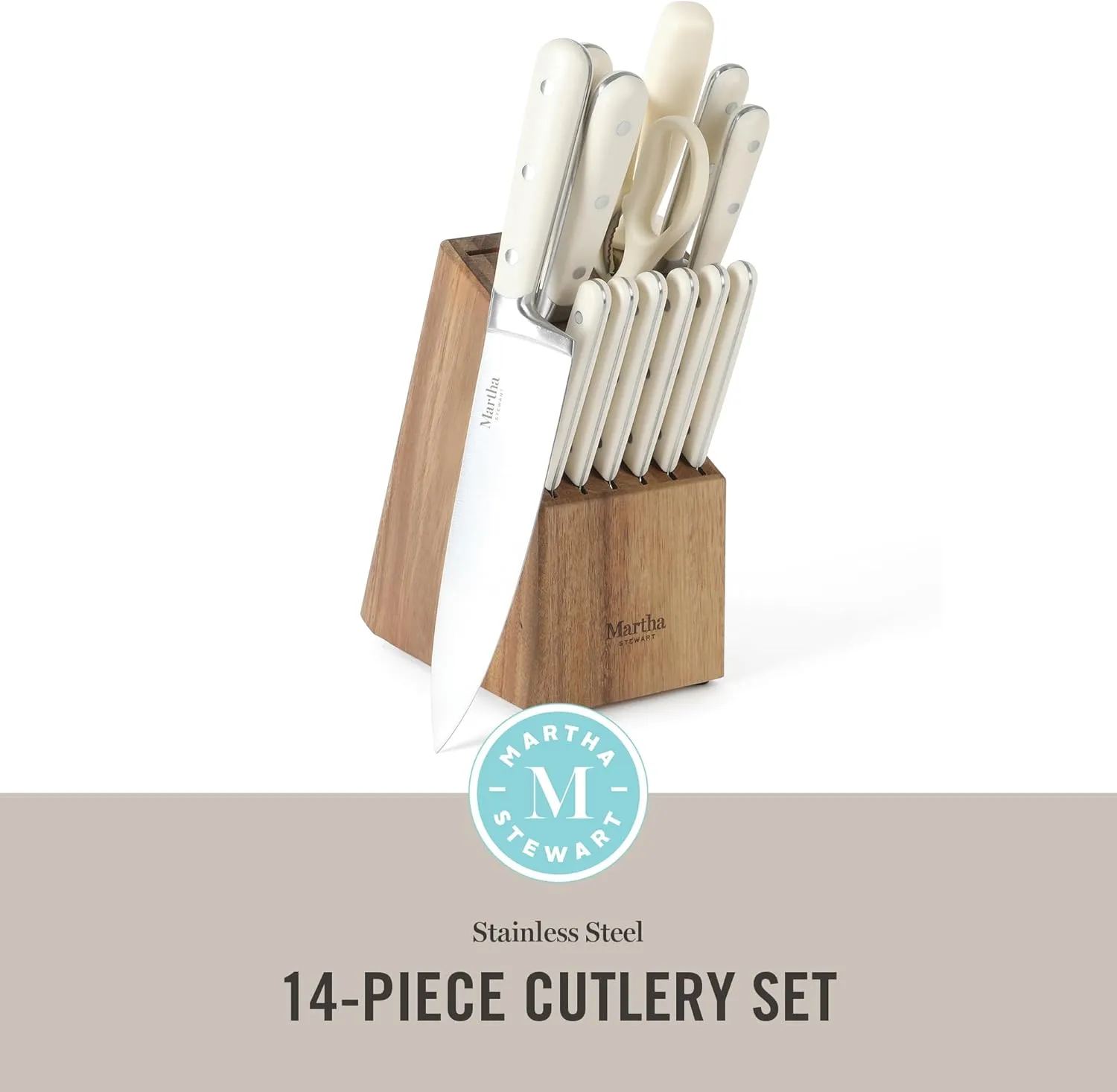 MARTHA STEWART Eastwalk 14 Piece High Carbon Stainless Steel Cutlery Kitchen Knife Block Set w/ABS Triple Riveted Forged Handle Acacia Wood Block - Linen White
