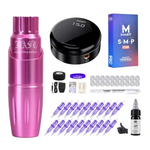 Mast Tour Tattoo Pen Kit, Rotary Tattoo Machine Gun Kit with Halo II Tattoo Power Supply & Pro Cartridges Needles Kit, Safe Certificated Tripe Black Tattoo Ink (Cord - Pink)