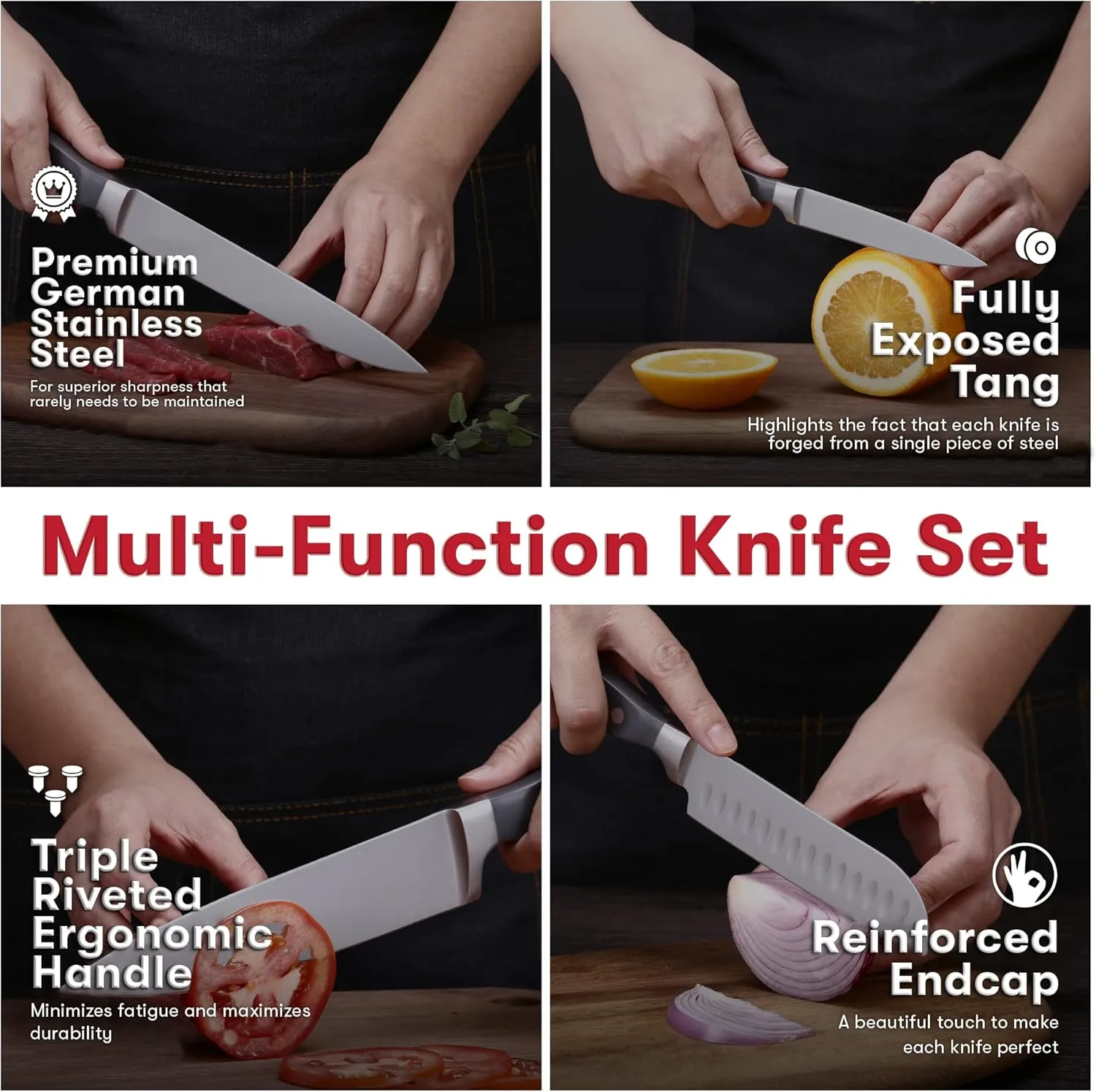 Master Maison 19-Piece Kitchen Knife Set with Wooden Block and Knife Sharpener - Stainless Steel Cutlery Set in Block - Professional Master Maison Kitchen Knives Sets (Gray)