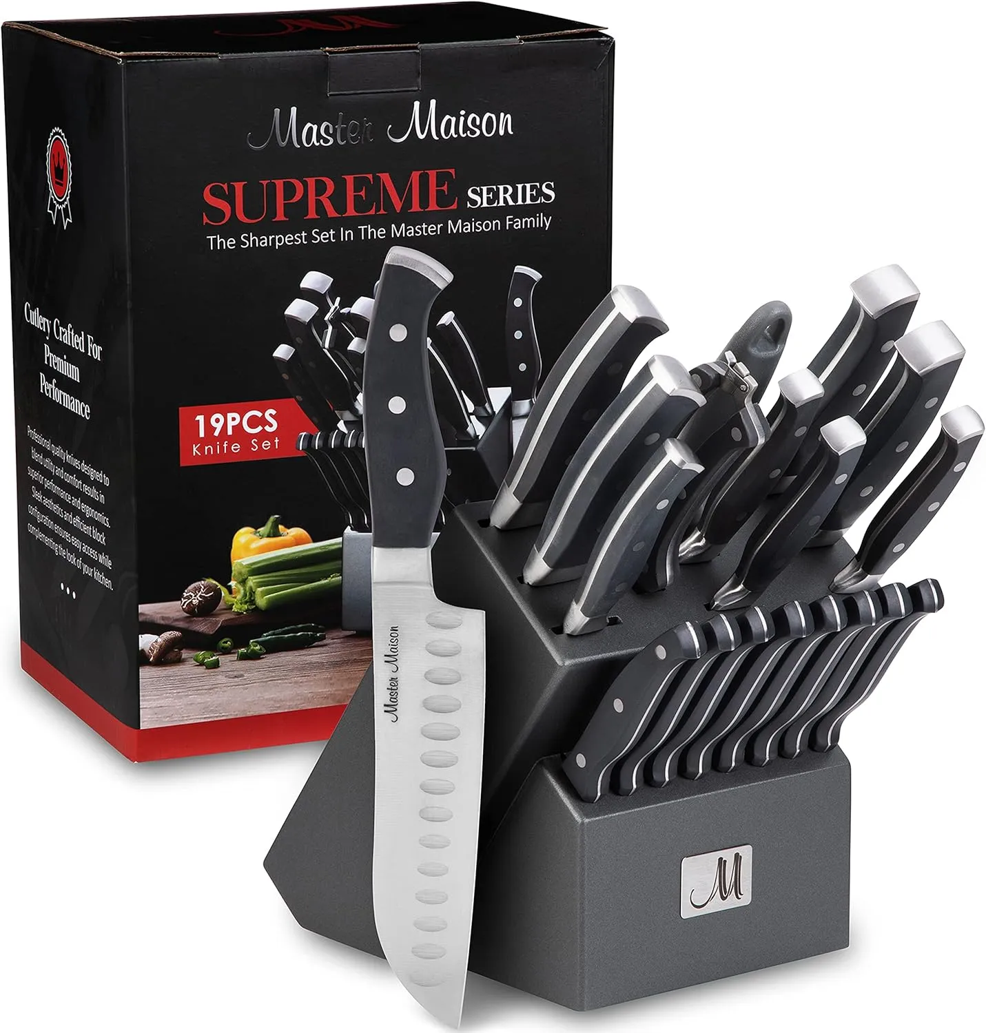Master Maison 19-Piece Kitchen Knife Set with Wooden Block and Knife Sharpener - Stainless Steel Cutlery Set in Block - Professional Master Maison Kitchen Knives Sets (Gray)