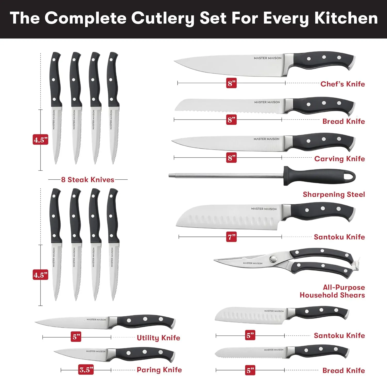 Master Maison 19-Piece Kitchen Knife Set with Wooden Block and Knife Sharpener - Stainless Steel Cutlery Set in Block - Professional Master Maison Kitchen Knives Sets (Gray)