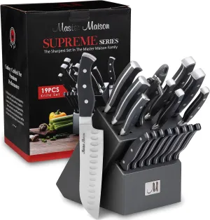 Master Maison 19-Piece Kitchen Knife Set with Wooden Block and Knife Sharpener - Stainless Steel Cutlery Set in Block - Professional Master Maison Kitchen Knives Sets (Gray)